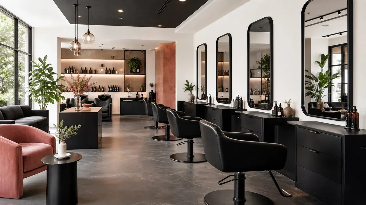 Modern black-and-white hair salon with soft blush accents